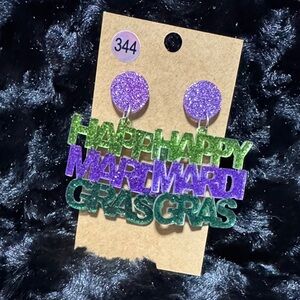 Glittery Acrylic Happy Mardi Gras Earrings